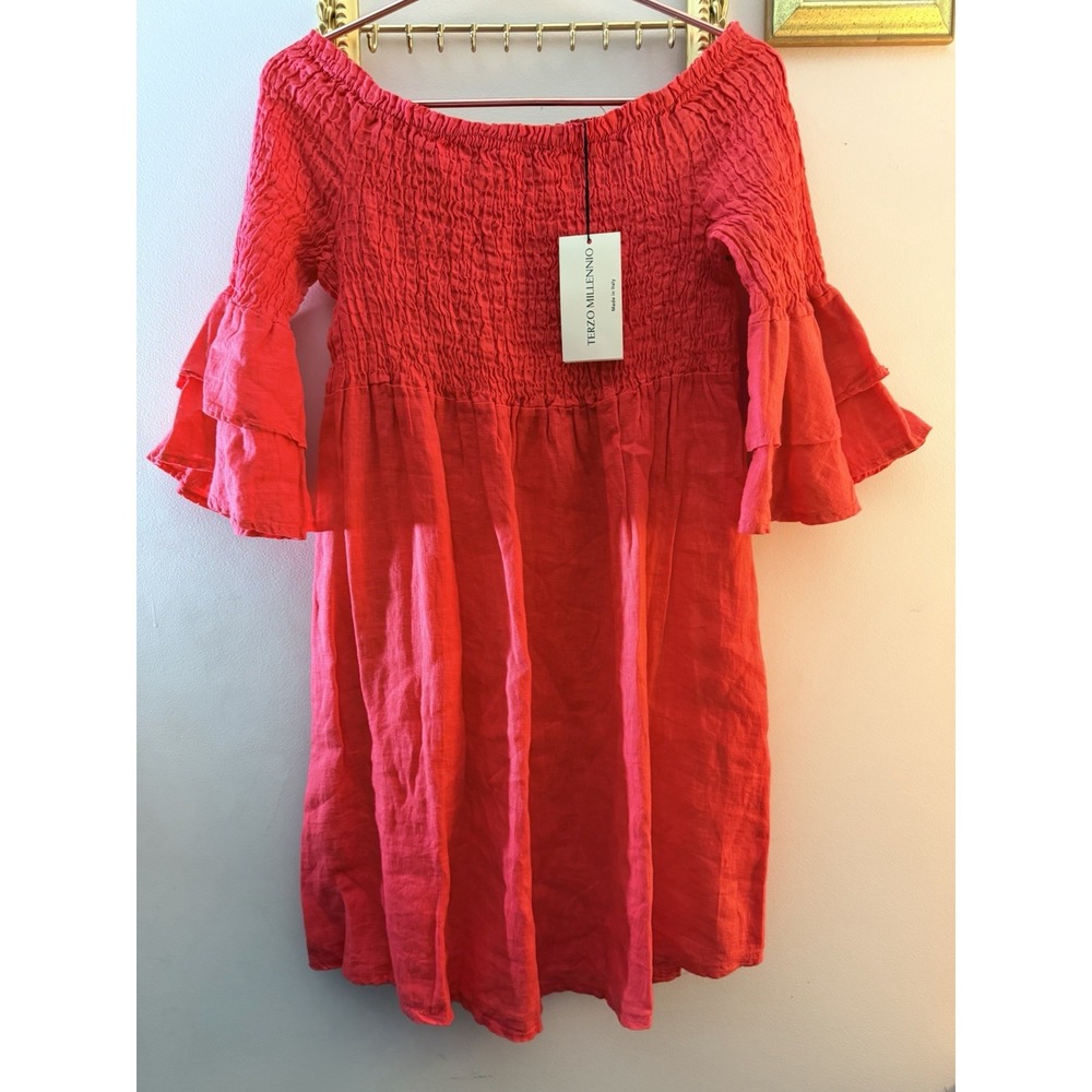 Terzo Millennio Dress Red Smocked Ruffle Sleeve Made in Italy NWT Sz Small